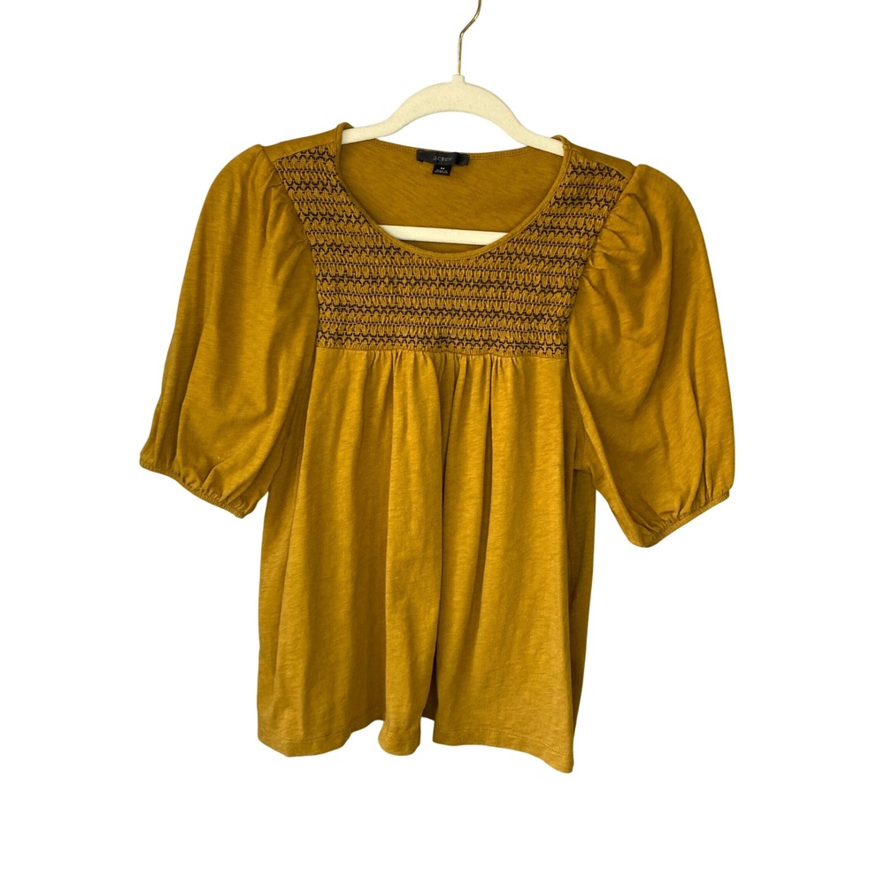 J.Crew Mustard Yellow Smocked Puff Sleeve Knit Top Gold Boho Scoop Neck Medium